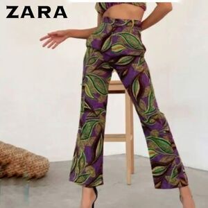 ZARA Purple Multicolor Tropical Printed Linen Hi Rise Ankle Pants Sz MEDIUM